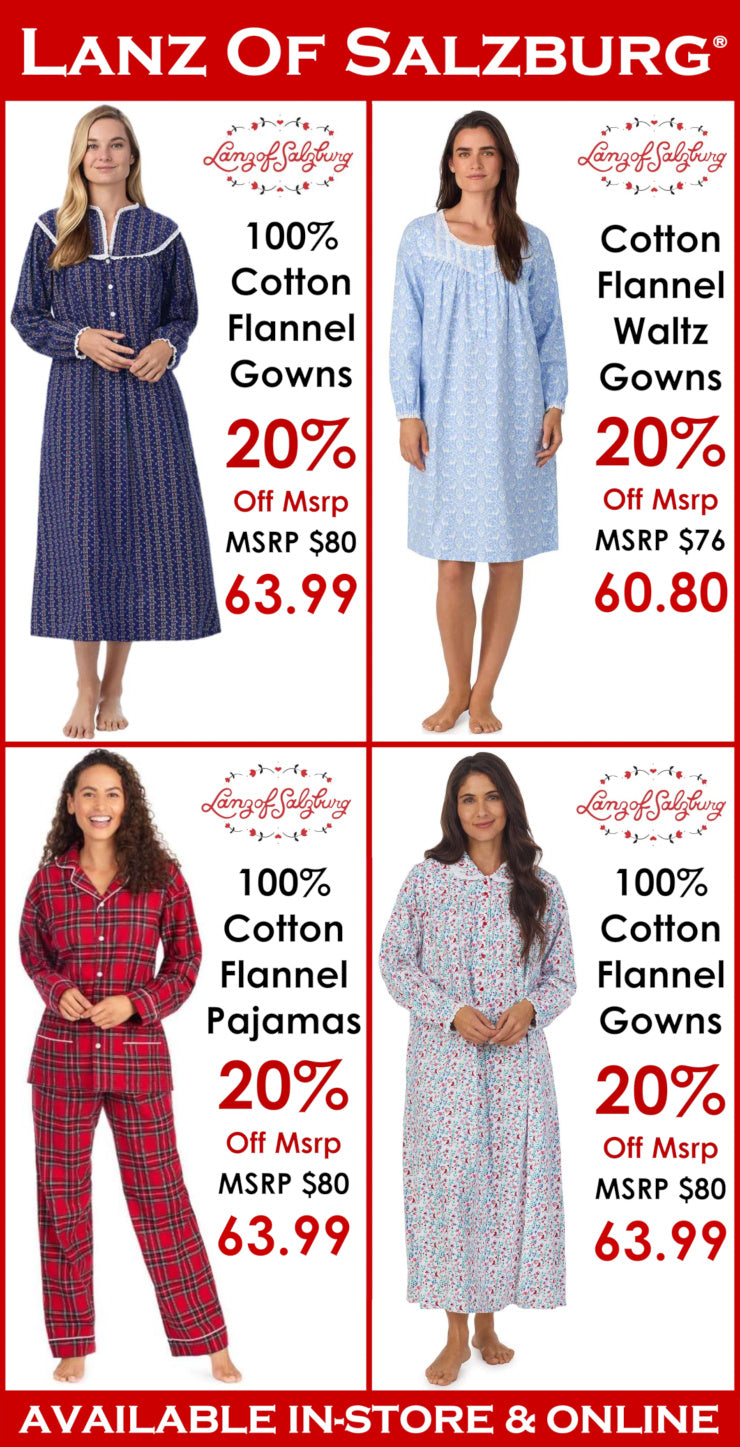 Advertisement for Lanz of Salzburg cotton flannel gowns and pajamas with pricing and discount information.