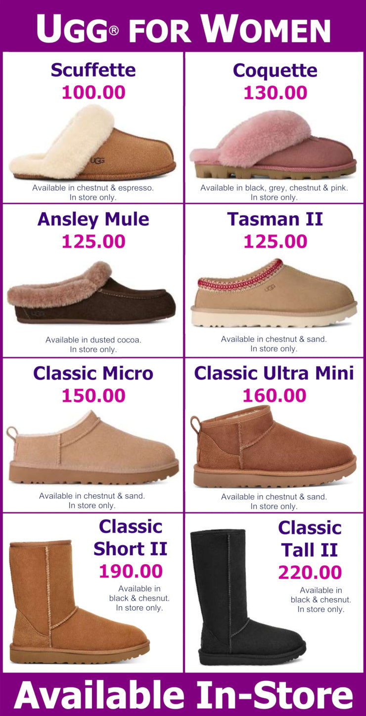 Product catalog of UGG boots for women with prices and availability details.
