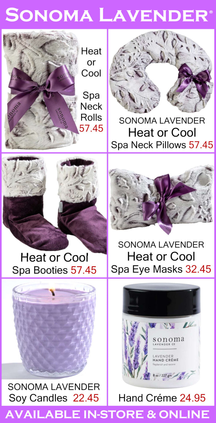 Sonoma Lavender spa products including neck rolls, pillows, booties, eye masks, candles, and hand cream with pricing.