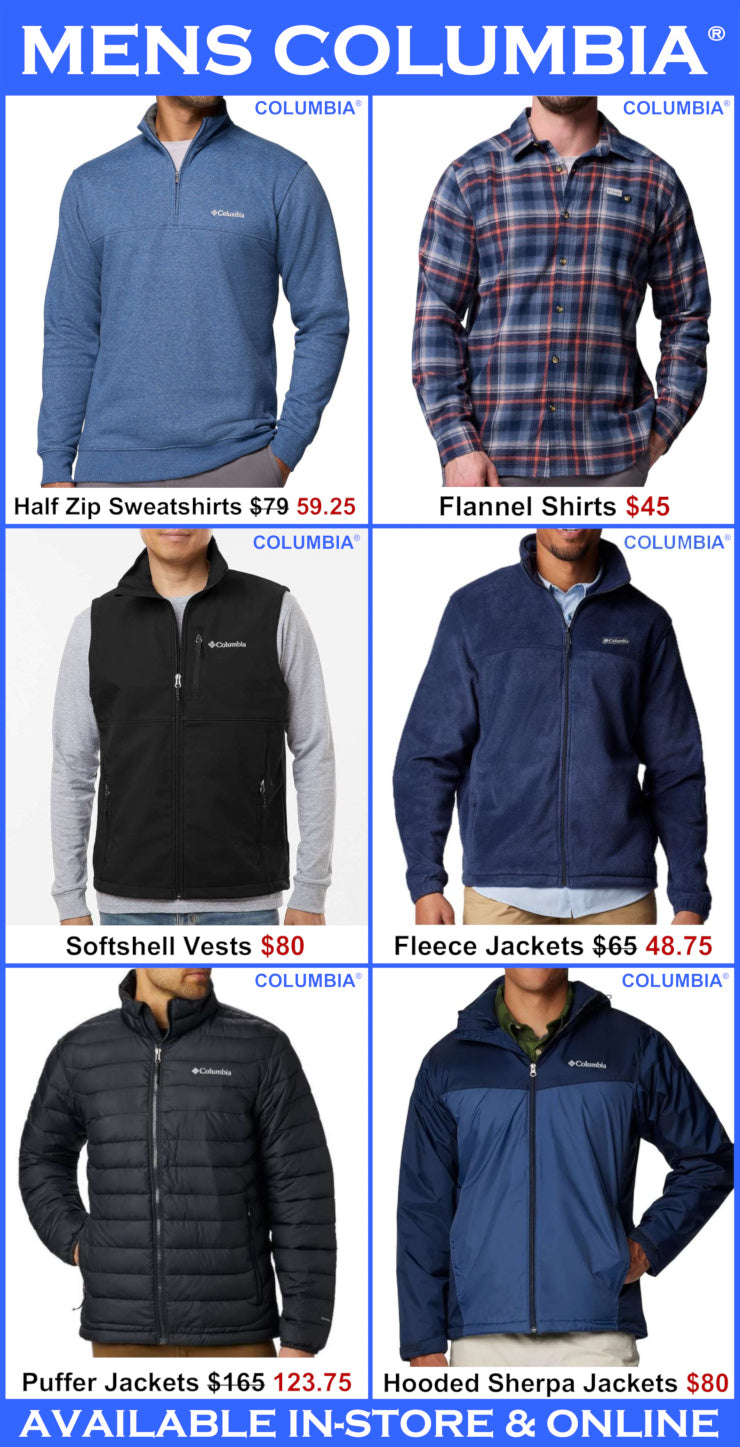 Columbia men's clothing items with prices displayed on a blue background
