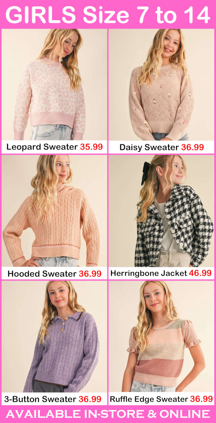 Collage of girls' sweaters and jackets with pricing on a pink background