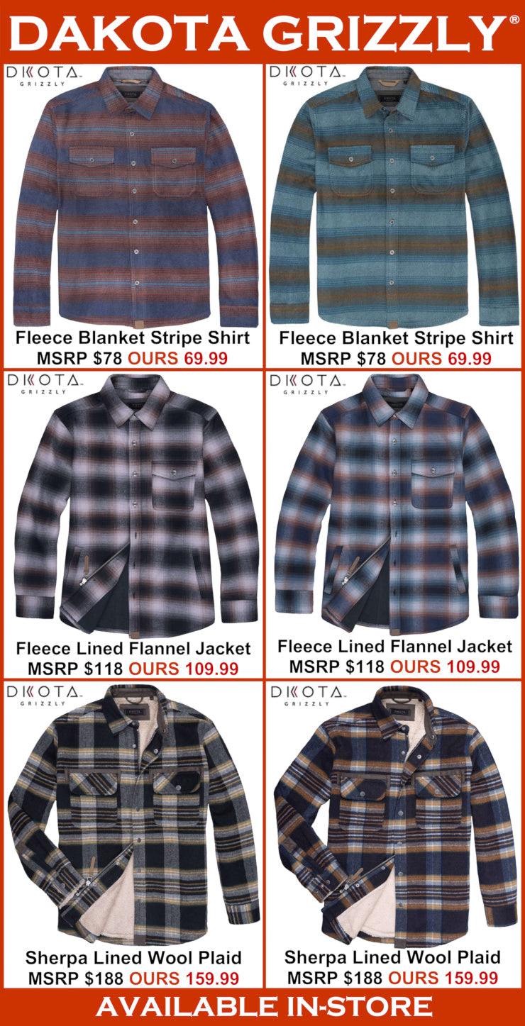 Collage of Dakota Grizzly men's clothing with prices listed.