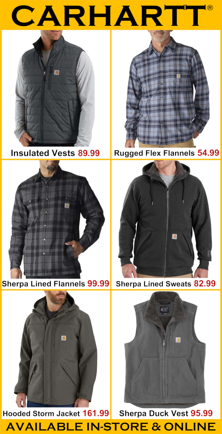 Carhartt clothing items including vests, jackets, and flannels with pricing displayed.