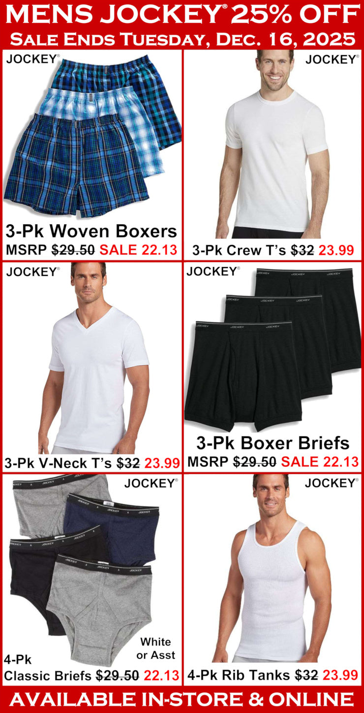 Jockey men's underwear sale flyer with various products and pricing.
