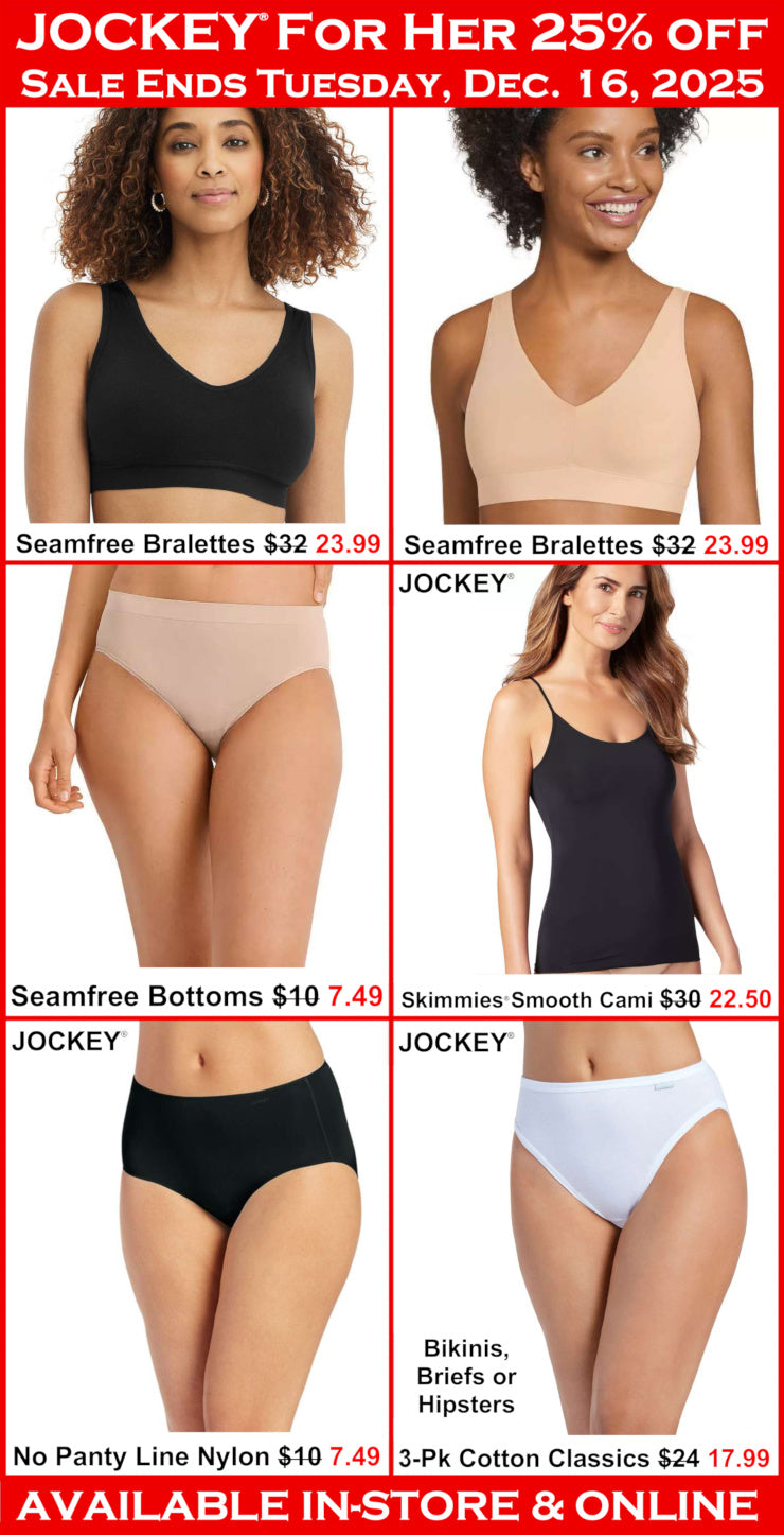 Jockey lingerie sale flyer with models wearing various products on a white background.
