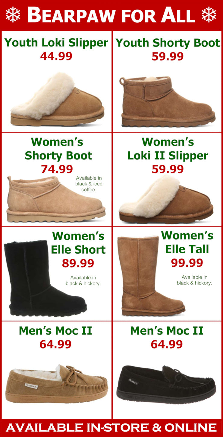 Bearpaw shoe collection with prices on a red background