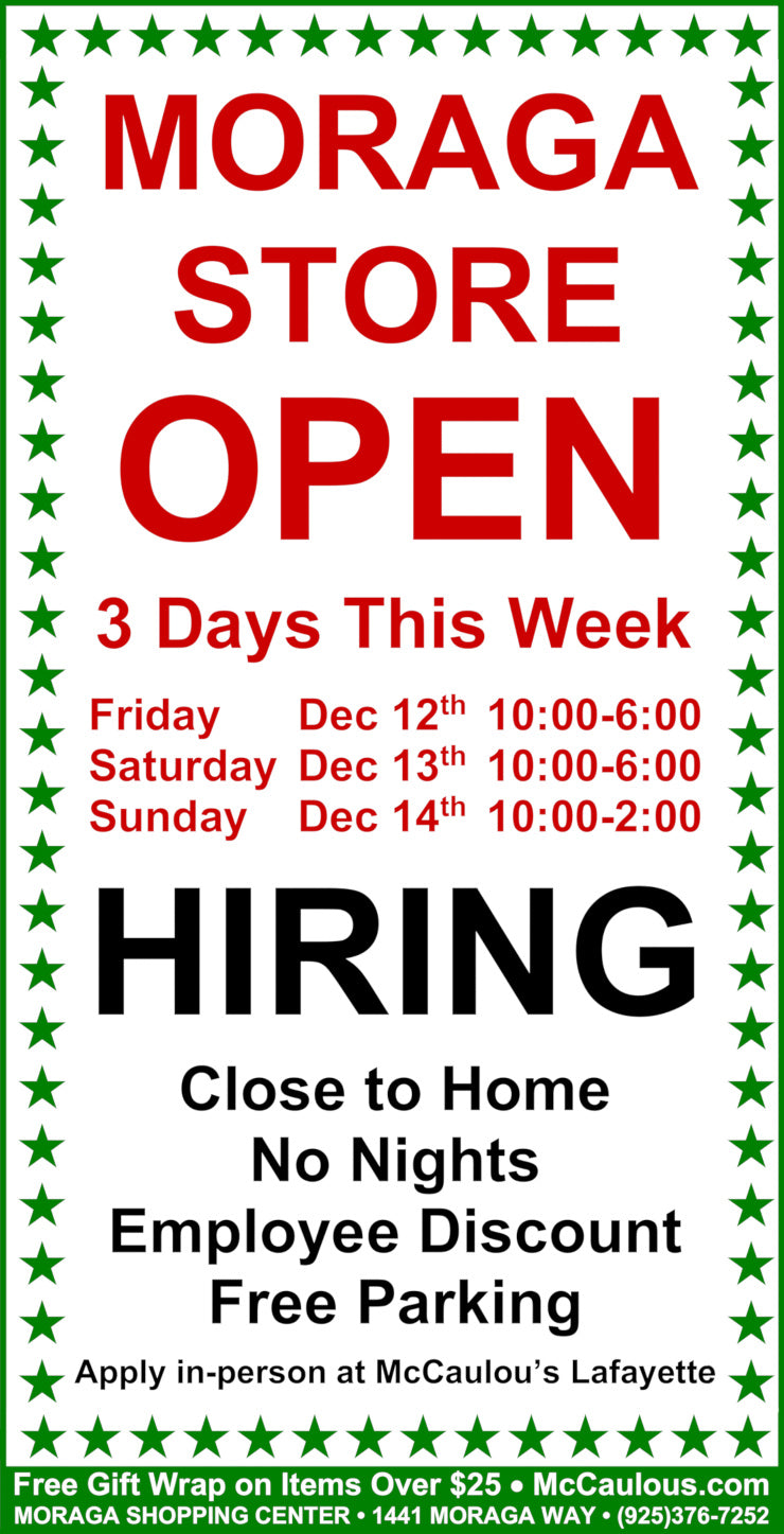 Moraga Store open sign with hiring information and contact details on a white background