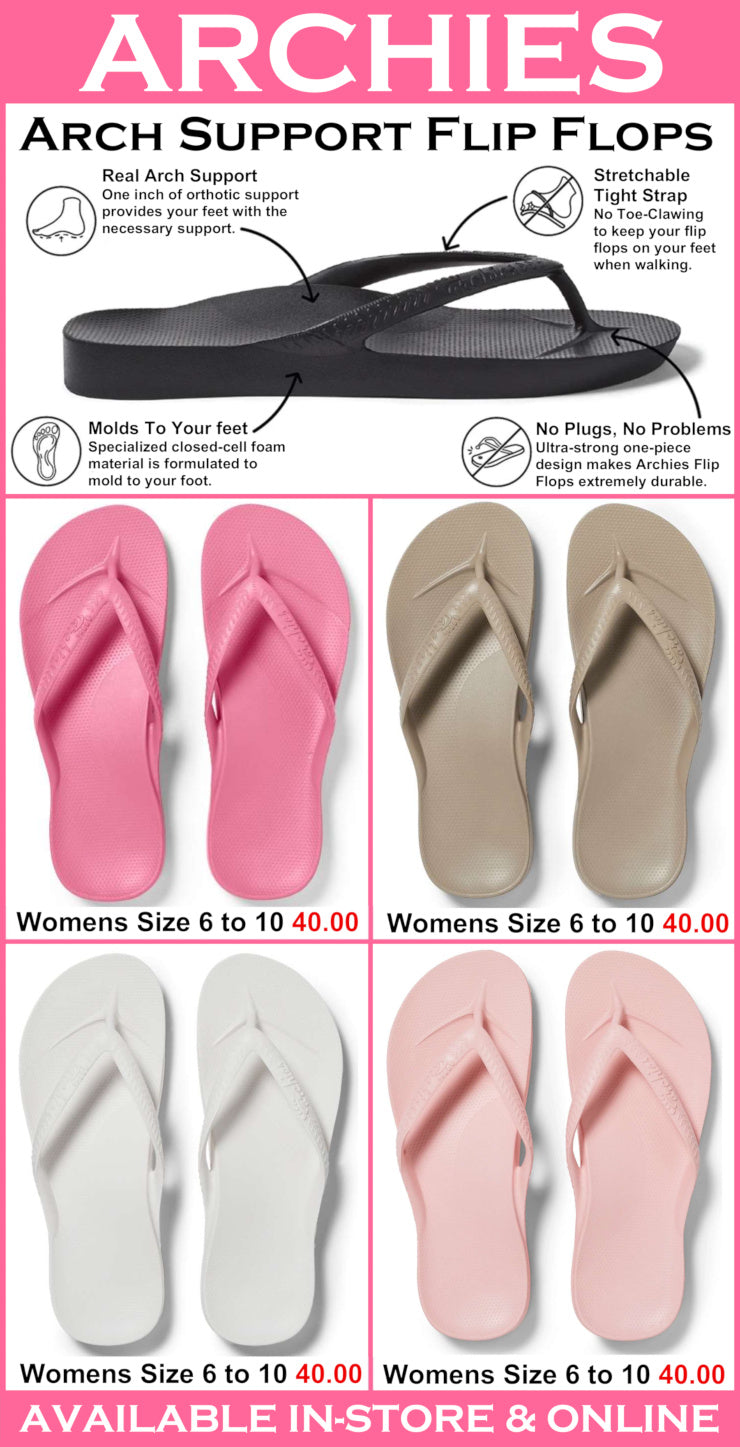 Archies arch support flip flops advertisement with pink, beige, and white options.