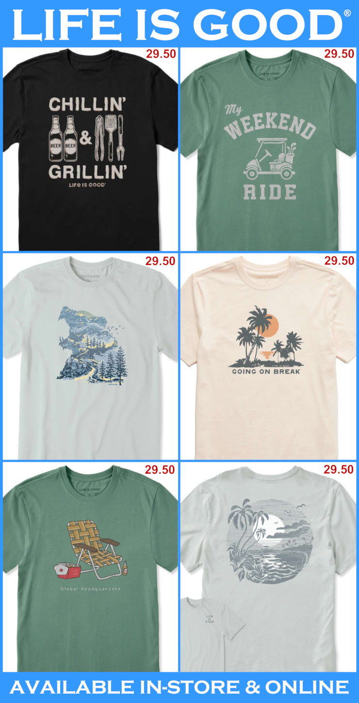 Collection of t-shirts with various designs and text, featuring the 'Life is Good' brand.