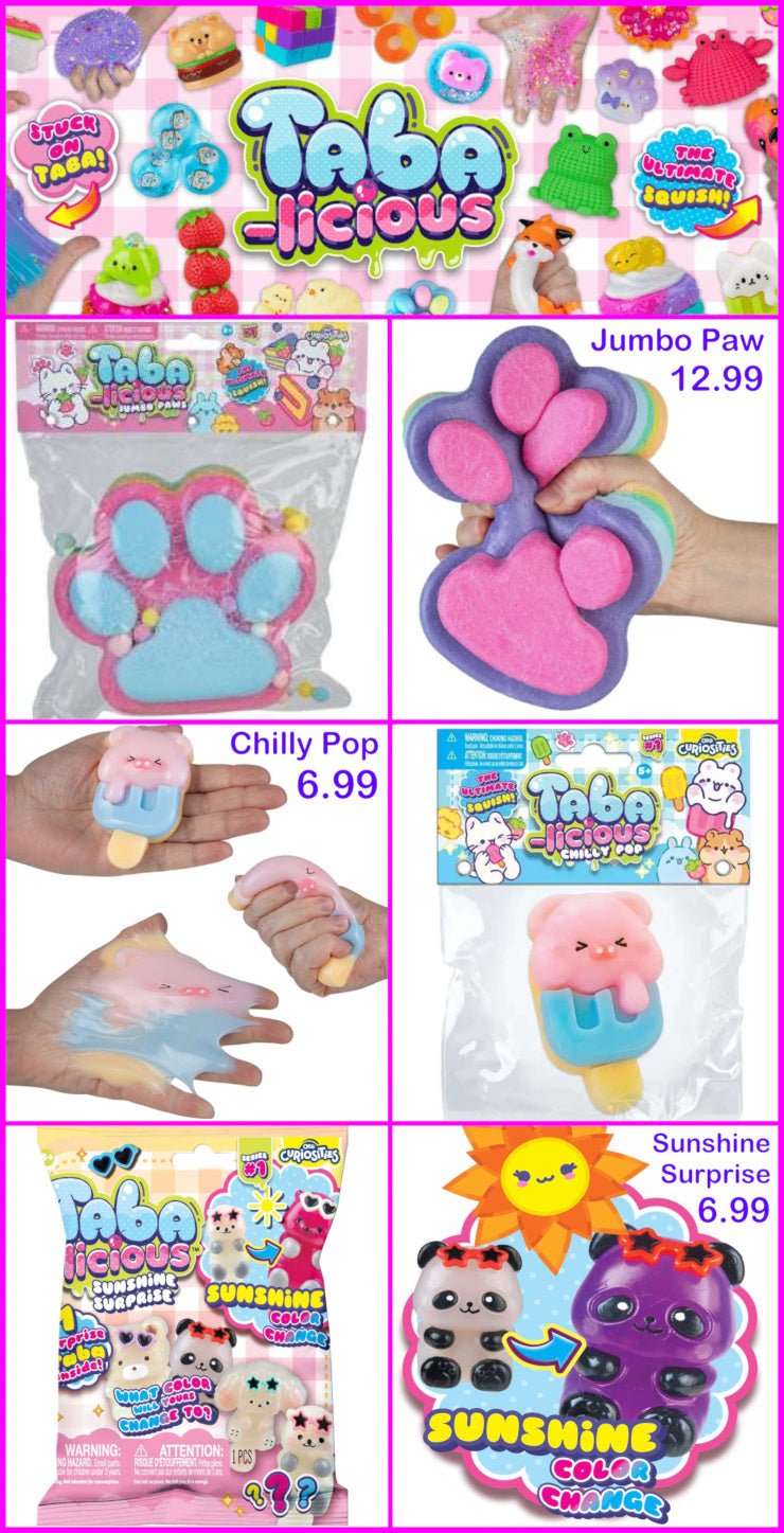 Promotional collage of Taba-licious products including Jumbo Paw, Chilly Pop, and Sunshine Surprise with pricing.
