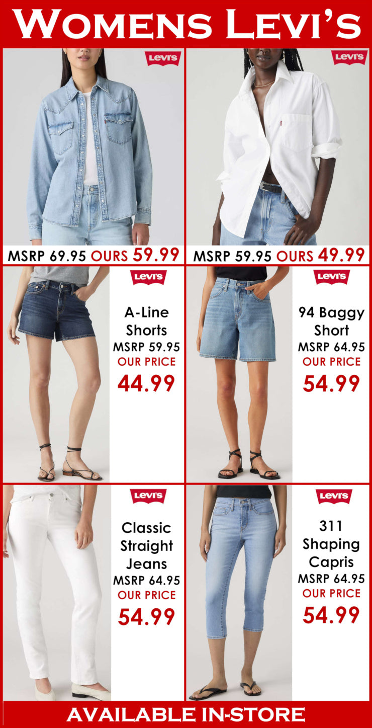 Levi's women's clothing items with prices on a red and white background