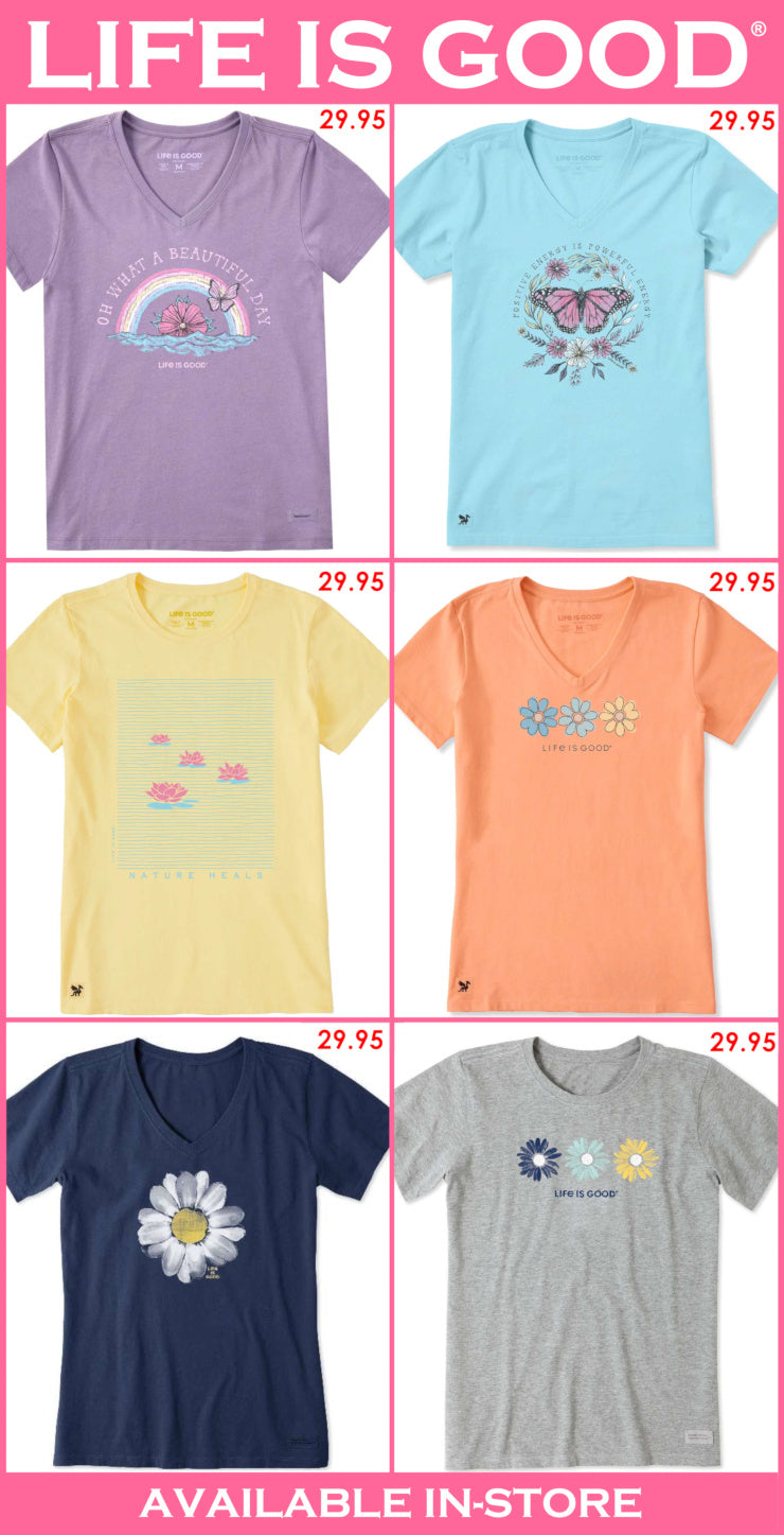 Collage of six colorful t-shirts with various designs and prices, featuring 'Life is Good' brand.