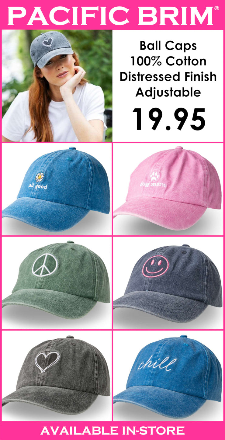 Promotional image of Pacific Brim ball caps with various designs and colors, displayed against a white background.