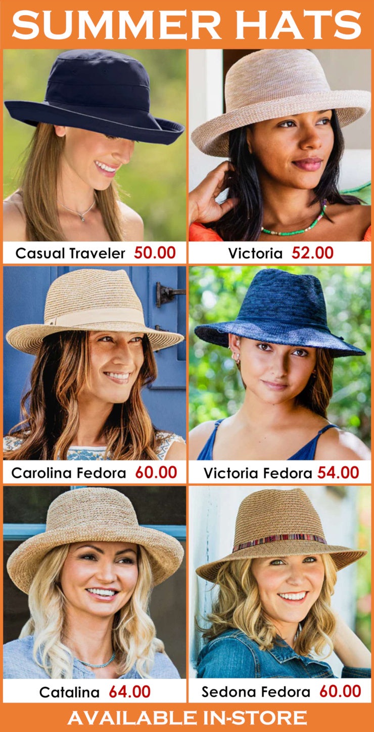 Promotional image of summer hats with prices and product names.