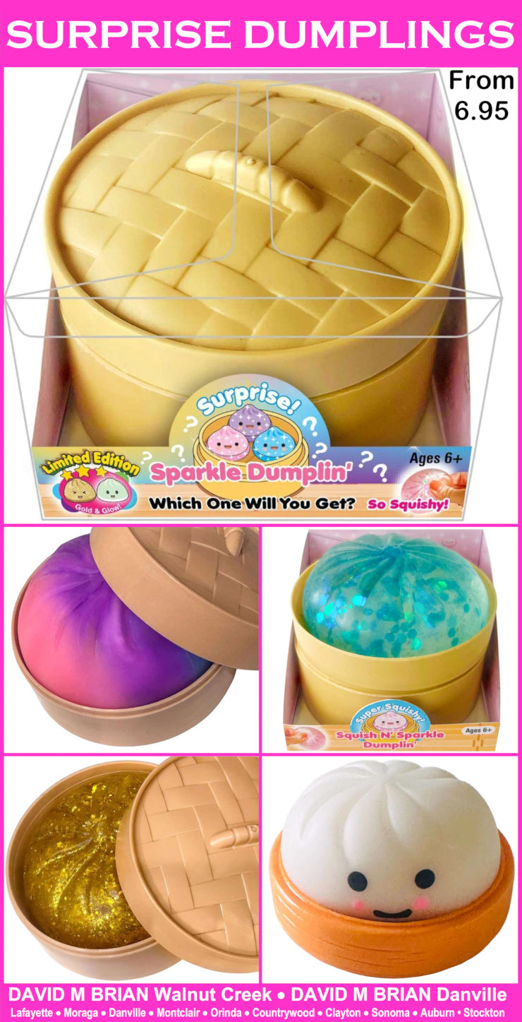 Collage of surprise dumplings with a yellow container, purple, blue, and gold dumplings inside.