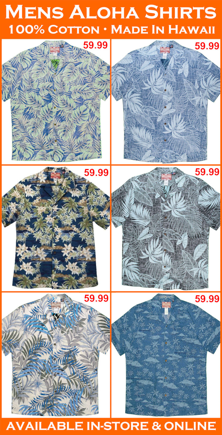 Promotional image of men's aloha shirts with prices and store availability information.