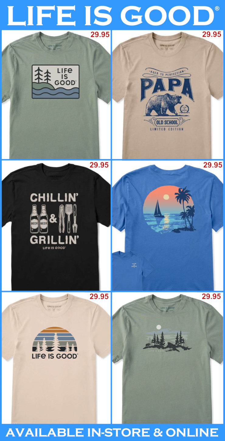 Collection of 'Life is Good' t-shirts with various designs and text.