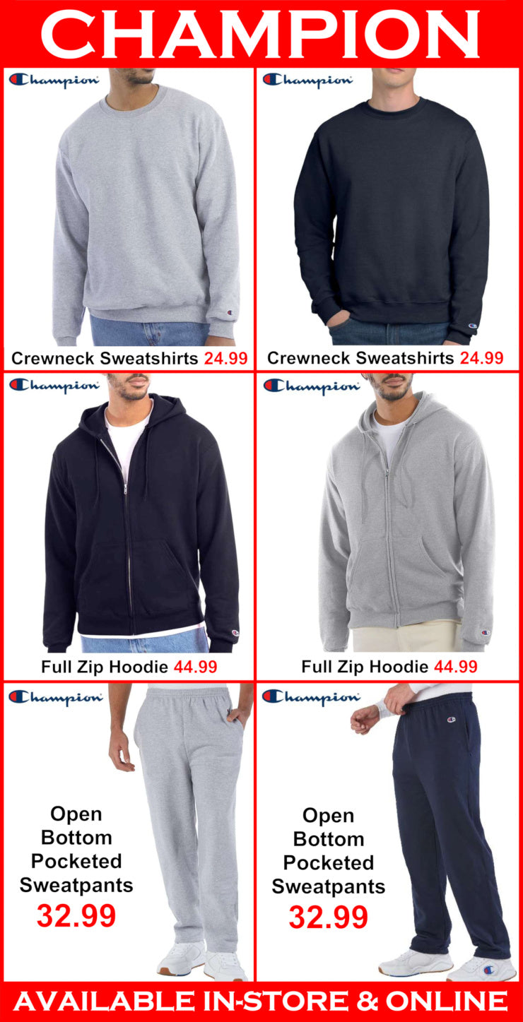 Promotional display of Champion sweatshirts and pants with pricing and availability information.
