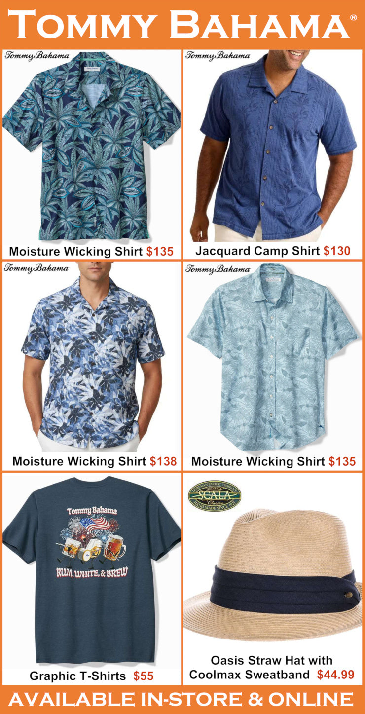 Tommy Bahama clothing and accessories including shirts, t-shirts, and a hat with price tags.