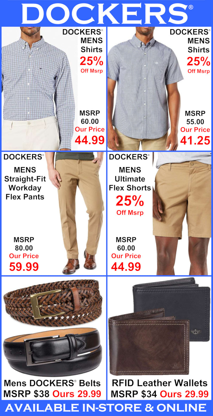 Dockers promotional advertisement with clothing and accessories on a blue background