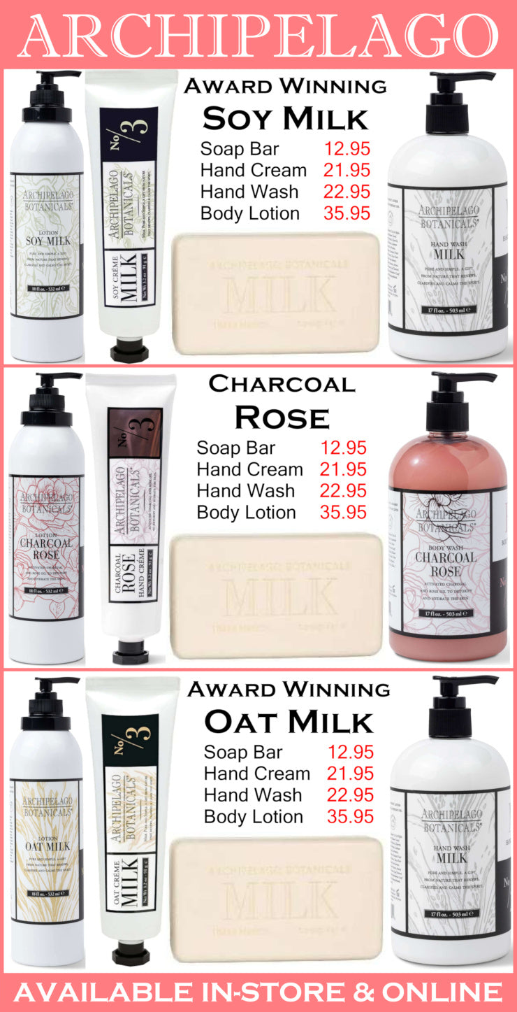 Archipelago Skincare products including soap bars, hand cream, body wash, and body lotion with pricing.