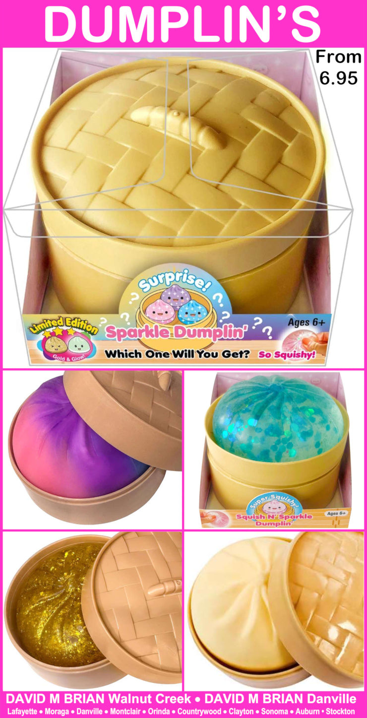 A collage showing the 'Dumplin's Sparkle Dumpling' product in multiple color options inside its clear plastic packaging. The main image shows a yellow quilted dumpling with a matching lid.