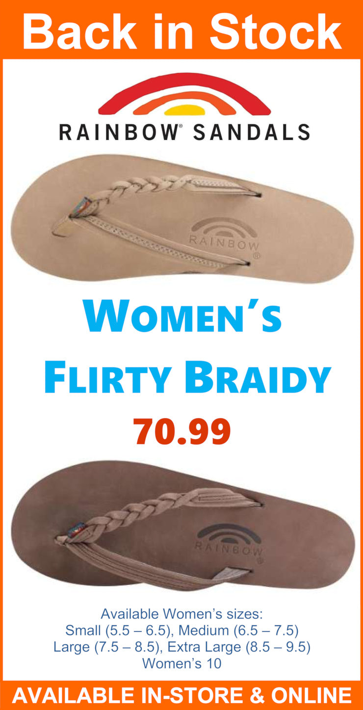 Rainbow Sandals showing two women's flip-flops: a light beige braided model at the top and a brown braided model at the bottom, with text reading 'Back in Stock,' 'Women's Flirty Braidy,' and the price '70.99.