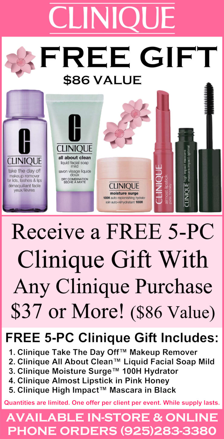 Clinique free gift advertisement featuring five cosmetic products including a makeup remover, facial soap, liquid surge, lipstick, and mascara, with text offering a free 5-PC Clinique gift with any purchase $37 or more.