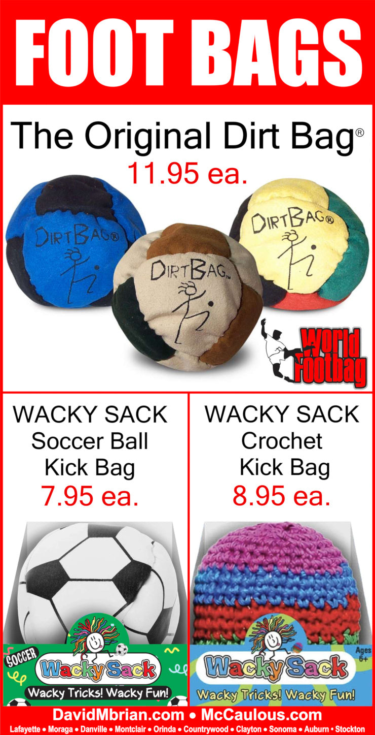 A promotional collage for foot bags and soccer balls on a white background with red header text reading 'FOOT BAGS.' The top section shows three round 'Dirt Bag' style balls in blue, tan, and multicolor designs, with text 'The Original Dirt Bag' and prices.