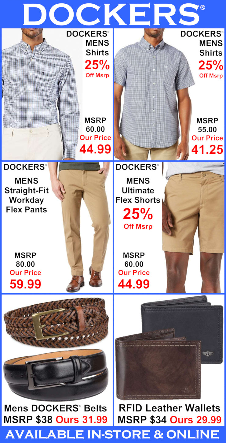 Dockers promotional advertisement with clothing and accessories on a blue background
