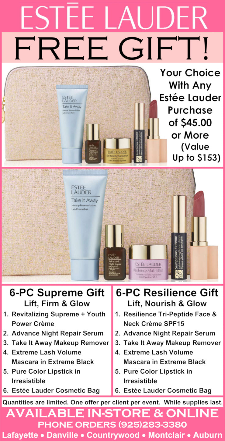 Estée Lauder promotional flyer offering free 6-piece gift sets with $45+ purchase, featuring makeup remover, serum, mascara, lipstick, and cosmetic bag.