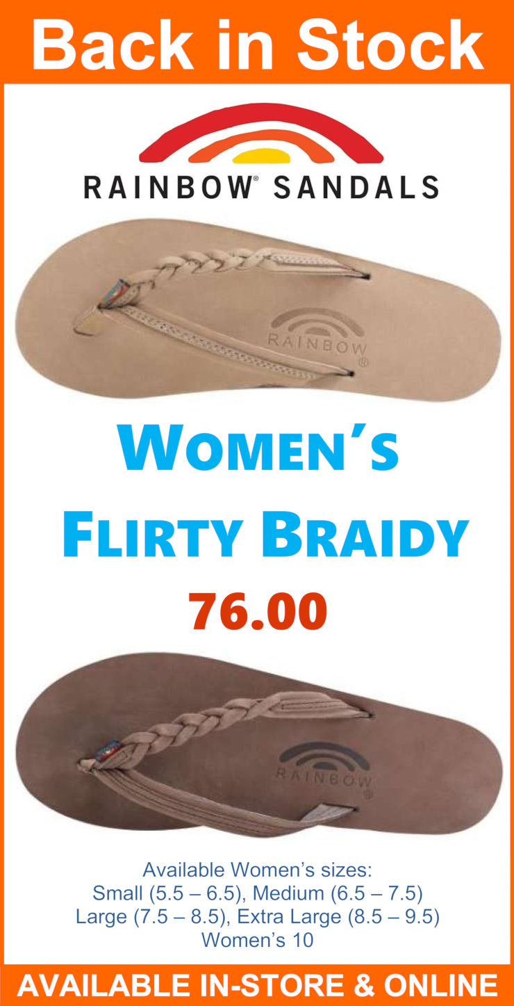 Rainbow Sandals Women's Flirty Braidy flip-flops, tan and brown suede, back in stock, priced at $76.00.