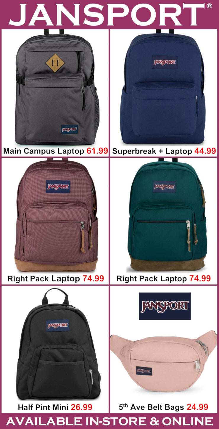 A promotional collage for Jansport backpacks and bags on a white background with a magenta header. The image shows multiple Jansport backpacks in different colors (gray, navy, mauve, teal, black) and pink belt bags, each with text labels indicating model names and prices.