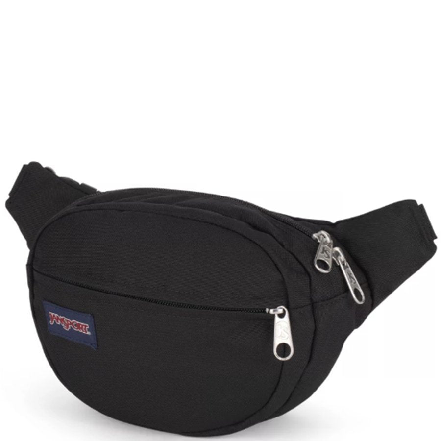 Black Jansport waist bag with a visible brand label on a white background