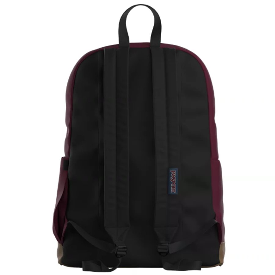 Black and maroon Jansport backpack with a visible brand logo on a white background