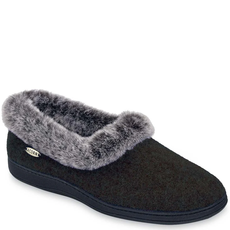 Black slipper with gray fur trim on a white background
