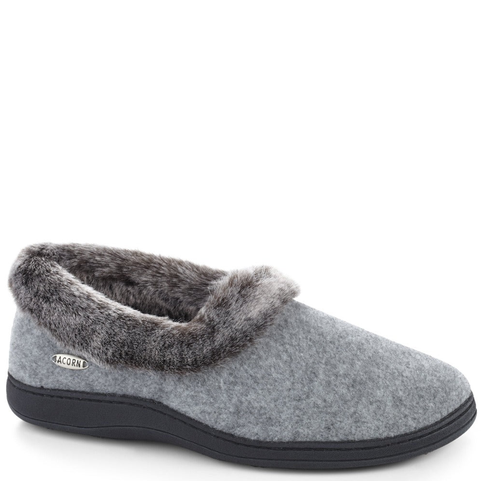 Gray slipper with fuzzy trim on a white background