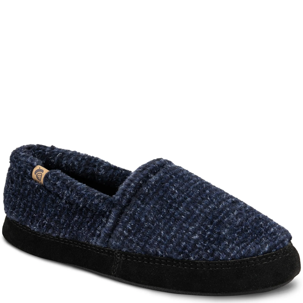 Navy blue slipper with black sole on a white background