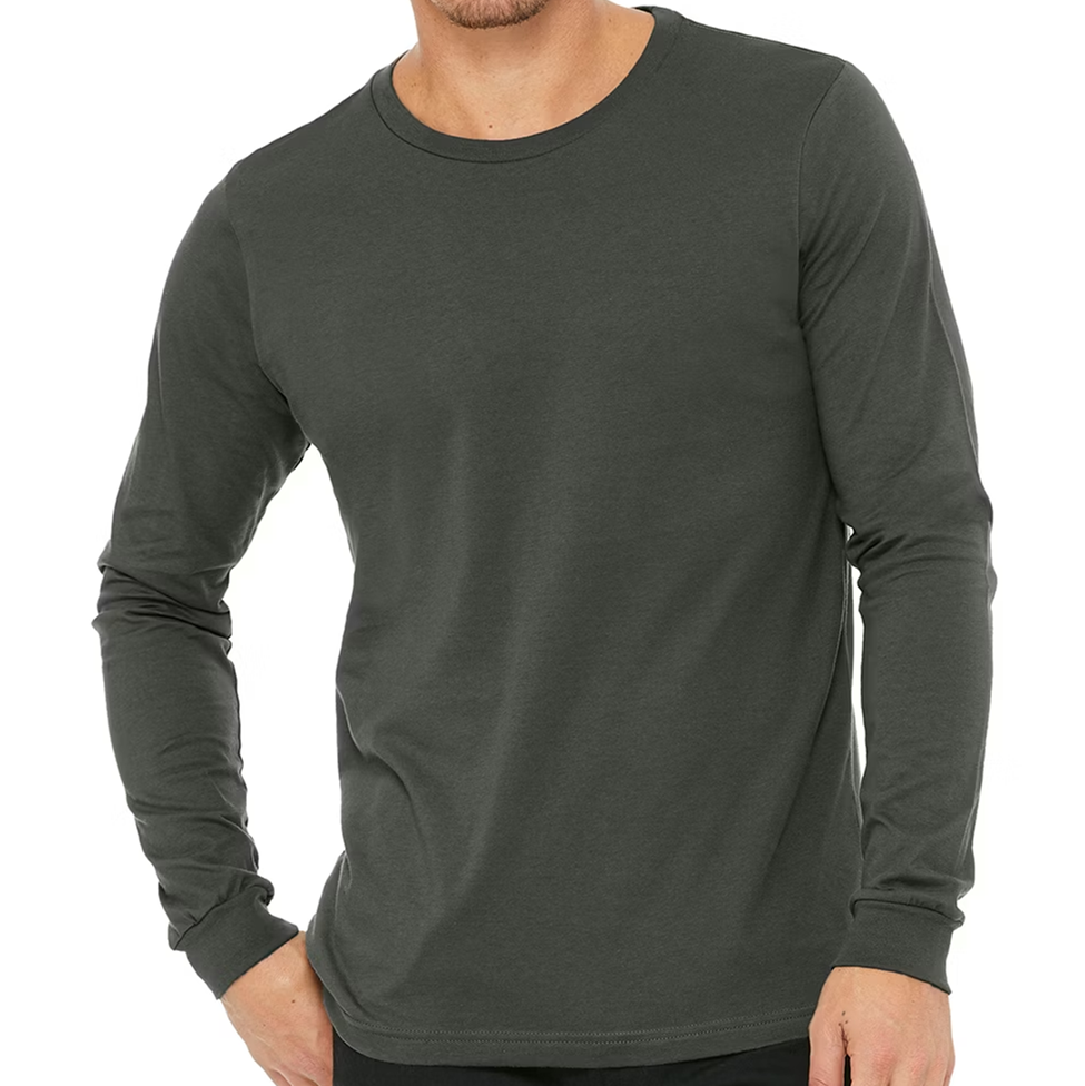 Man wearing a plain dark green long-sleeve shirt on a white background