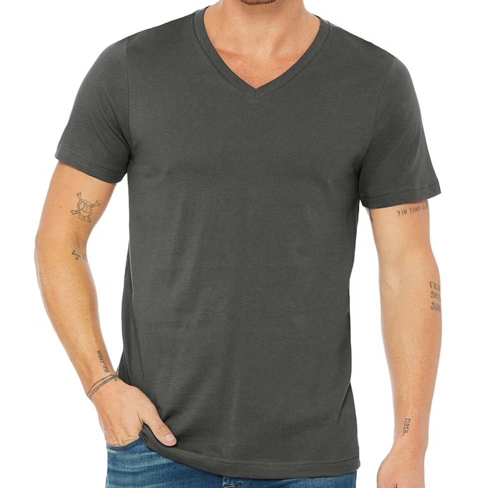Man wearing a plain dark gray t-shirt on a white background