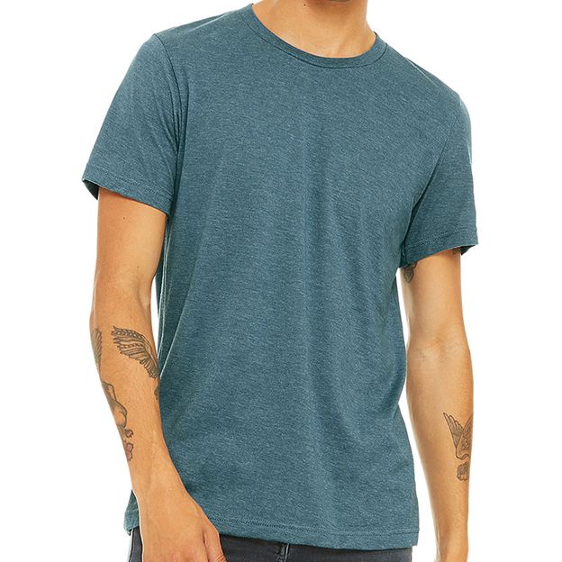 Person wearing a teal t-shirt on a white background