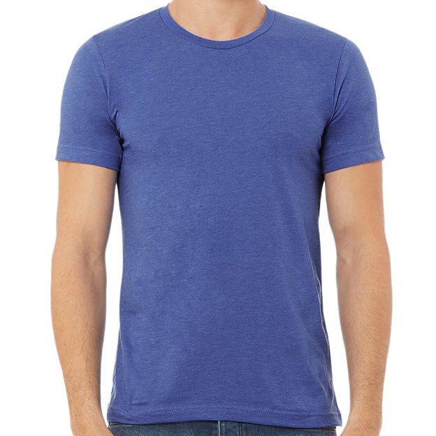 Blue t-shirt worn by a person on a white background