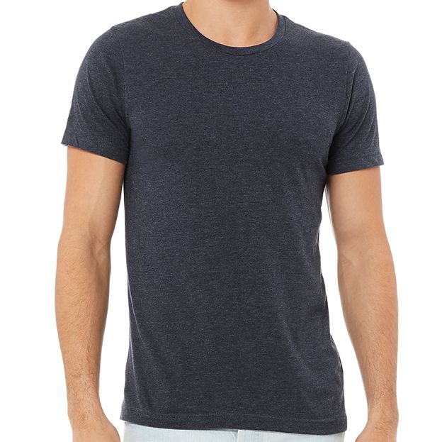 Person wearing a plain dark gray t-shirt on a white background