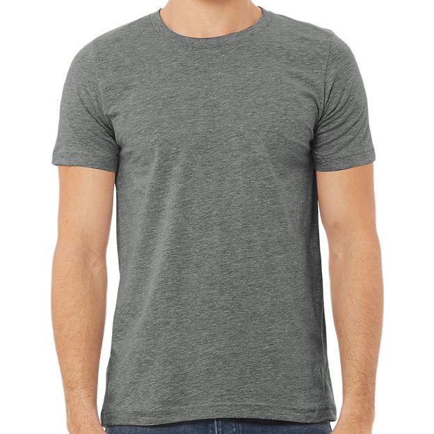Gray t-shirt worn by a person on a white background