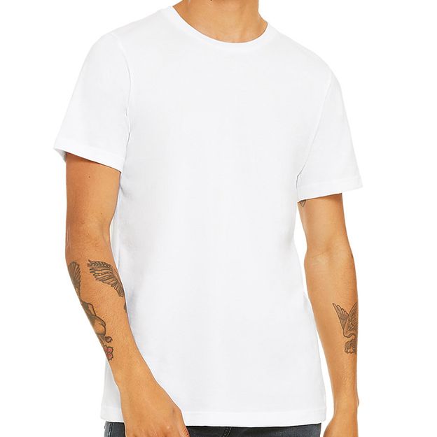 White t-shirt worn by a person on a white background