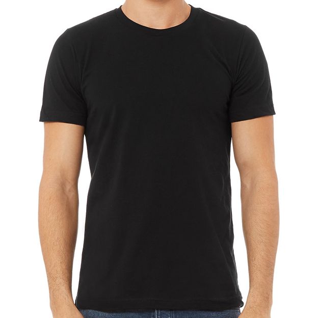Person wearing a plain black t-shirt on a white background