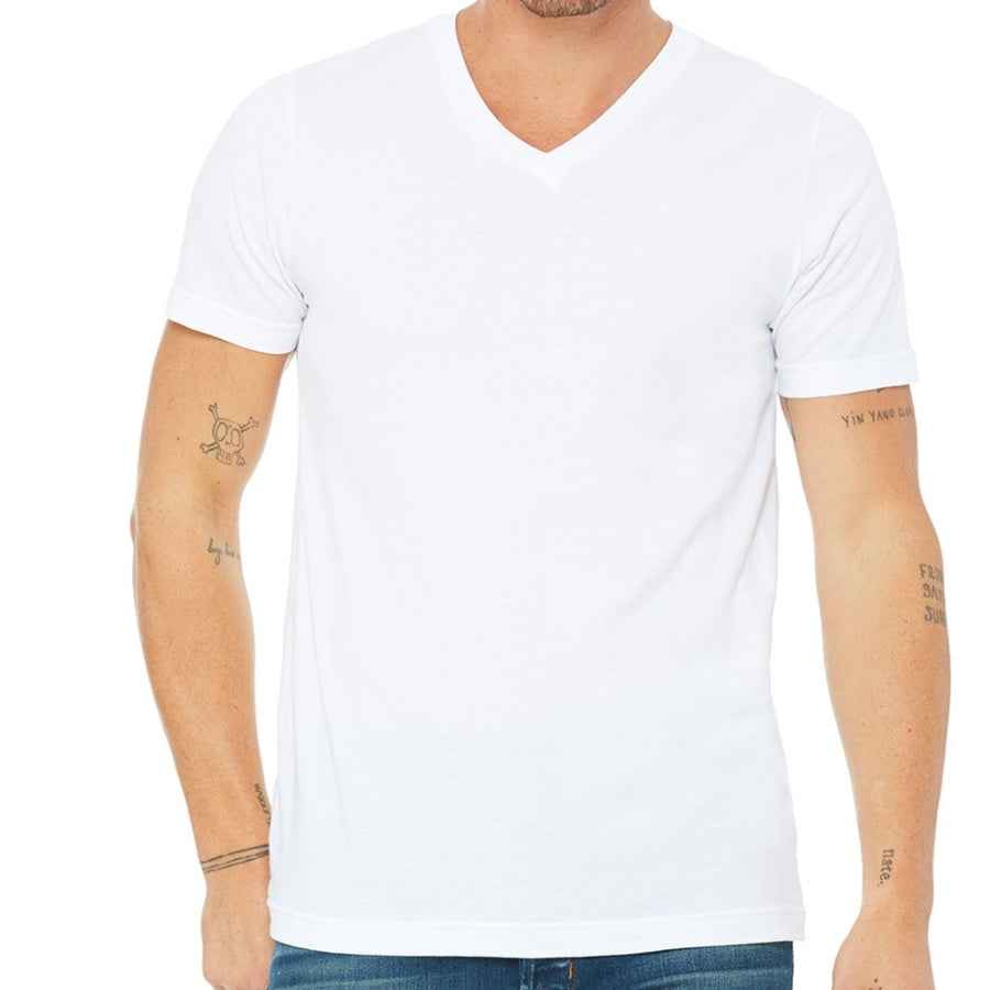 Person wearing a plain white V-neck t-shirt on a white background