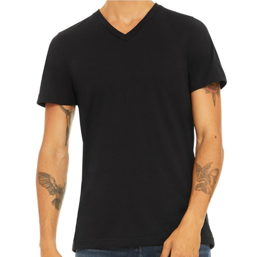 Person wearing a plain black V-neck t-shirt on a white background