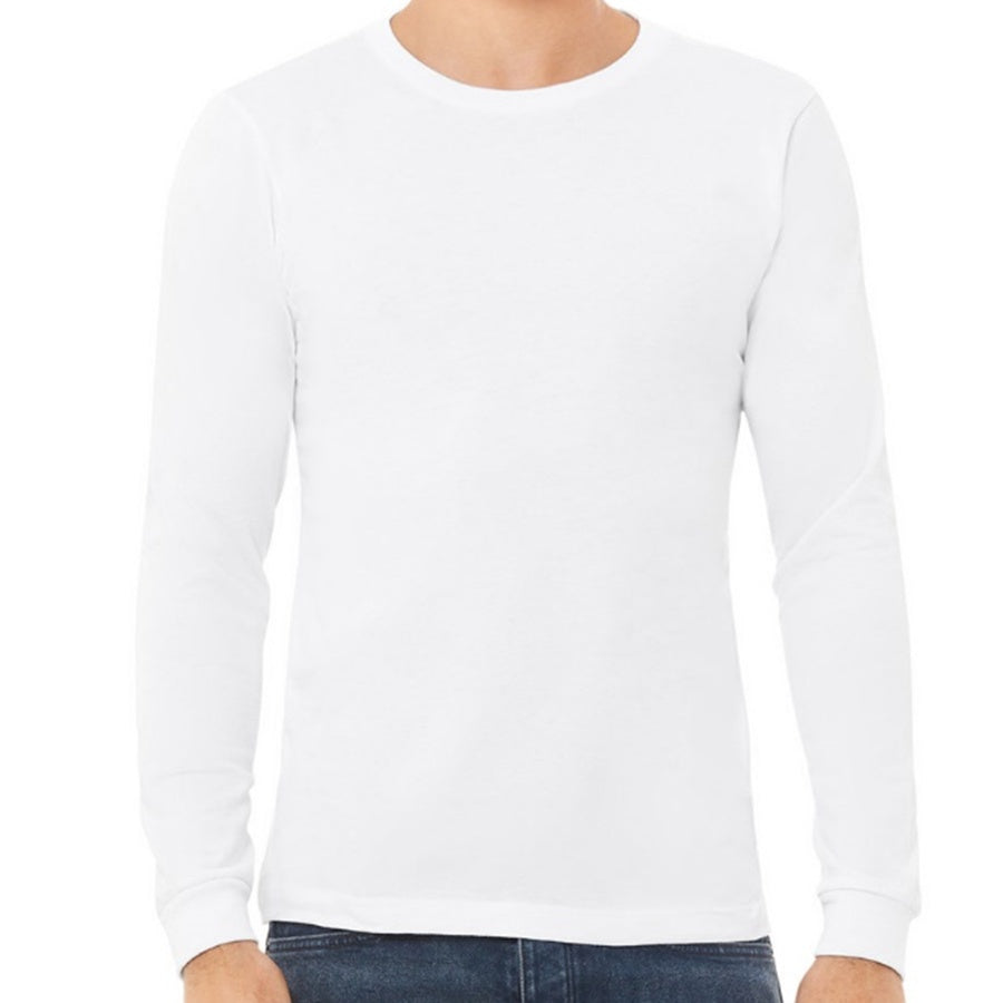 White long-sleeve shirt worn by a person on a white background