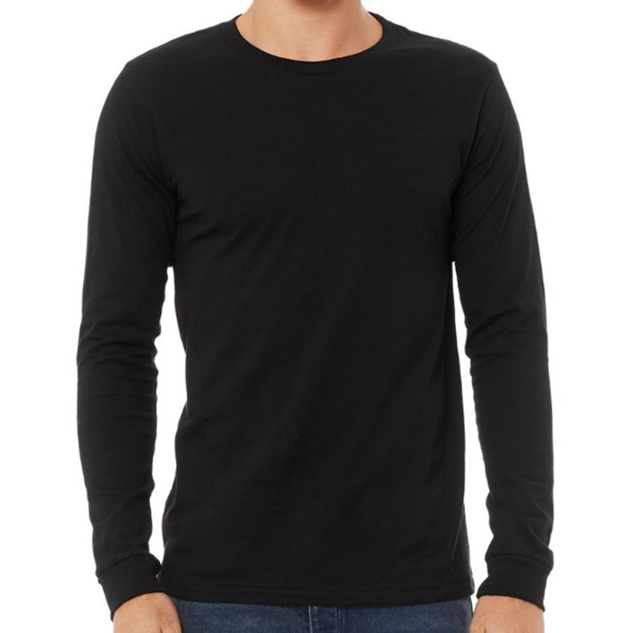 Black long-sleeve shirt worn by a person on a white background